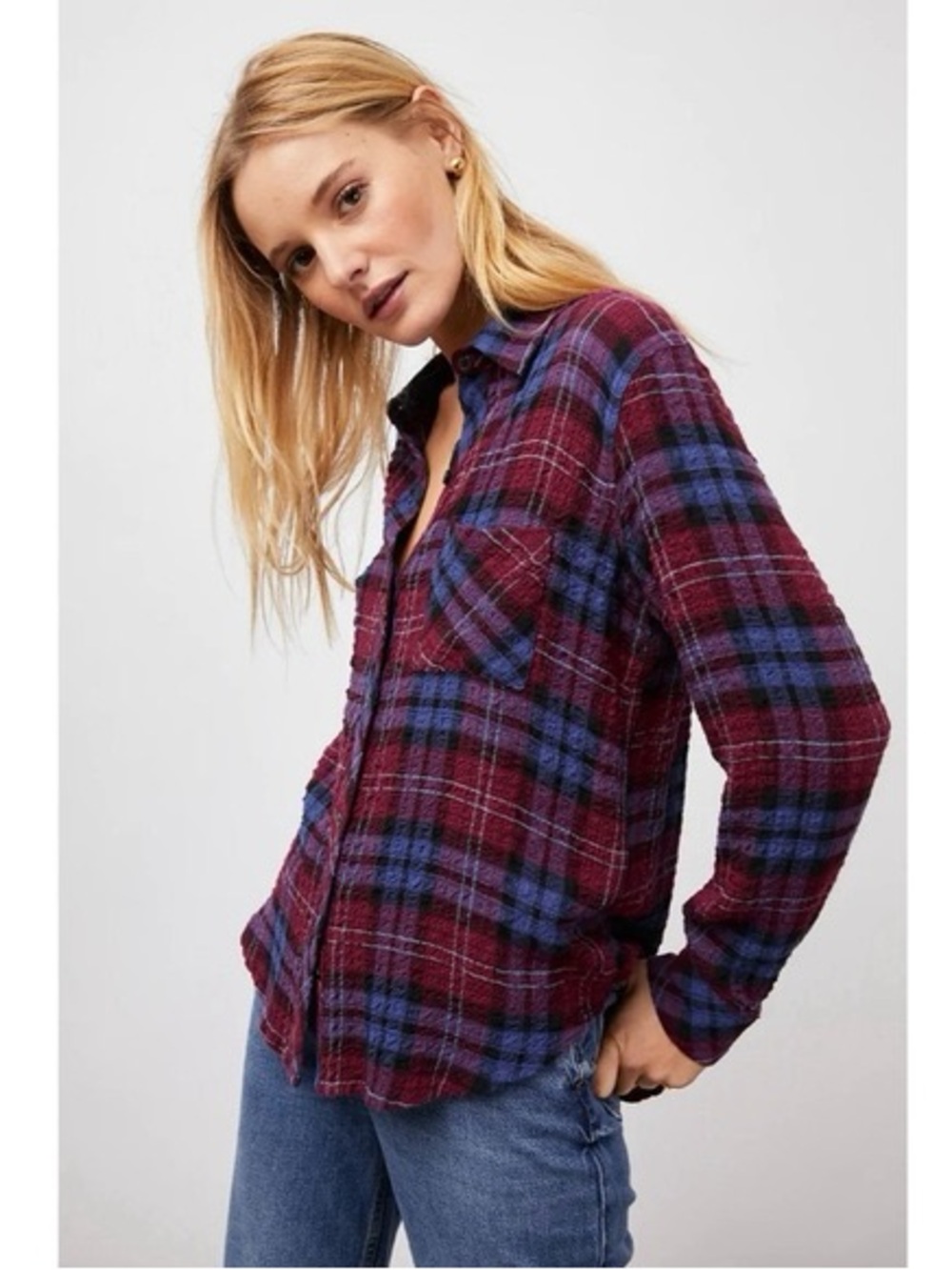 TNA Plaid Button-Down Shirt in Burgundy and Blue